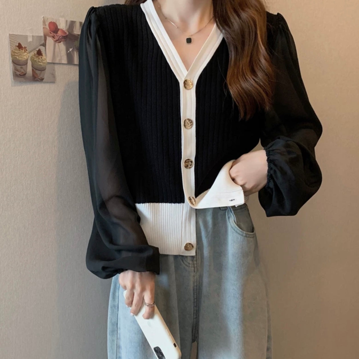 Button-up Chiffon Long Sleeve Knitted Blouse