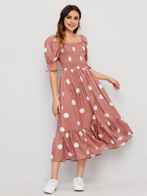 Shirred Polka Dots Square Neck Dress