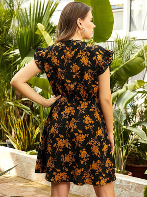 Ruffle Sleeve Floral Plus Size Dress