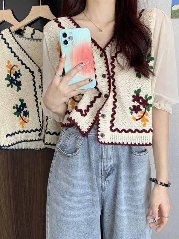 Button-up Floral Knitted Top with Chiffon Sleeve