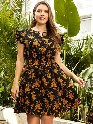 Ruffle Sleeve Floral Plus Size Dress