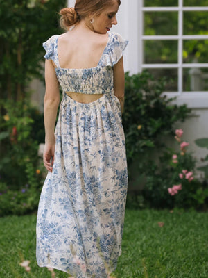 Sexy Back Vintage Floral Square Neck Shirred Upper Dress