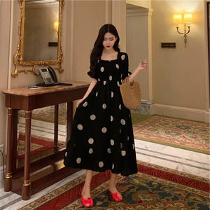 Shirred Polka Dots Square Neck Dress