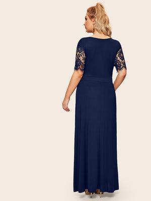 Lace Detail Sleeve & Waist Surplice Plus Size Dress