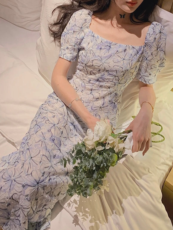 Premium Square Neck Embroidery Floral Elegant Dress
