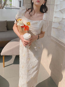 Premium Square Neck Embroidery Floral Elegant Dress