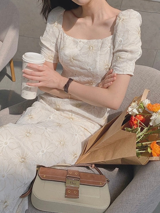 Premium Square Neck Embroidery Floral Elegant Dress