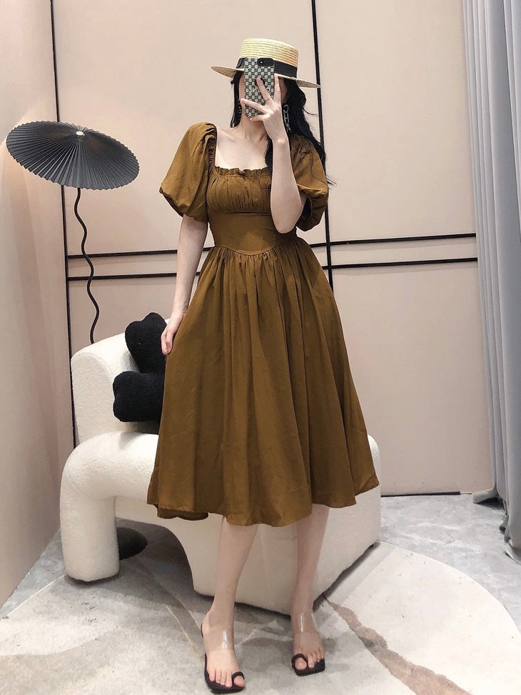 Shirred Back Ruffled Square Neck Elastic Sleeve Solid Dress