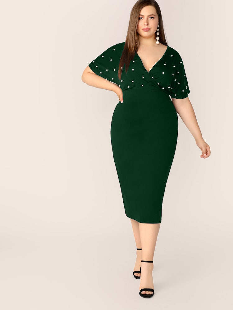 Pearls Beaded Surplice Neck Plus Size Dress