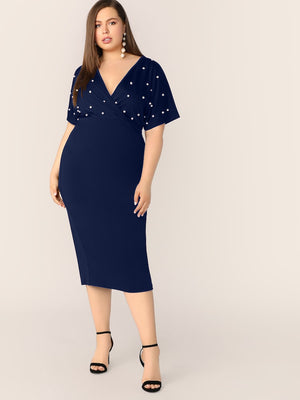 Pearls Beaded Surplice Neck Plus Size Dress