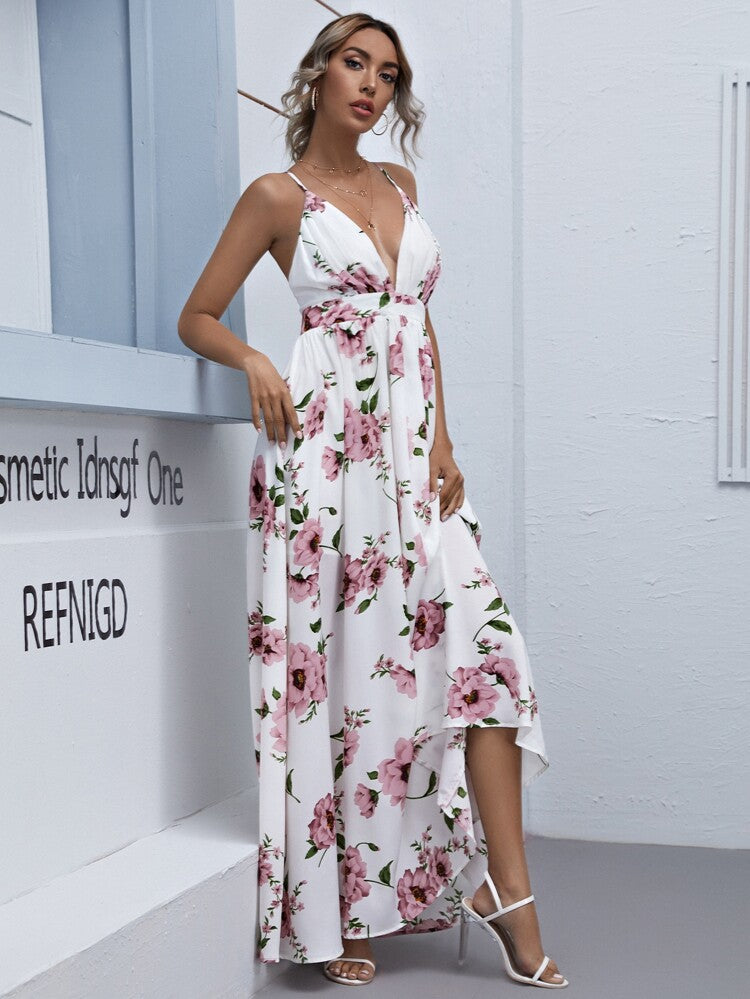 Pleated Bust Sexy Back Floral Cami Dress