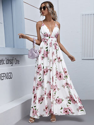 Pleated Bust Sexy Back Floral Cami Dress