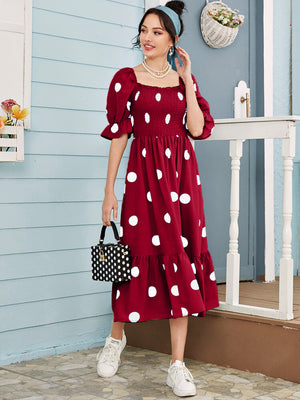 Shirred Polka Dots Square Neck Dress