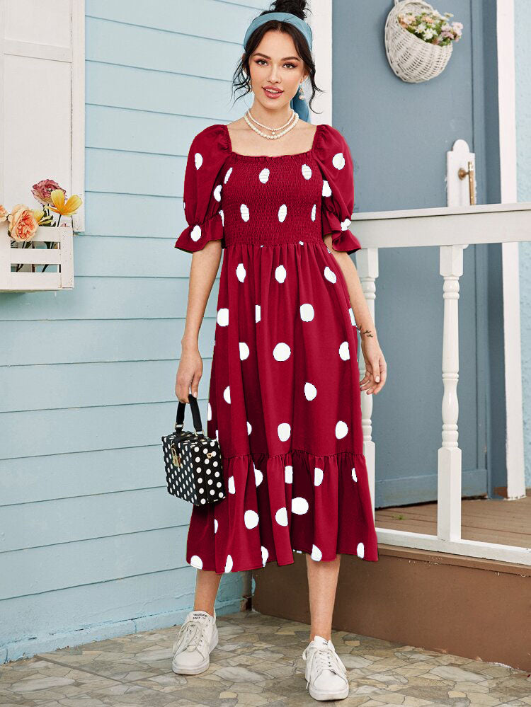 Shirred Polka Dots Square Neck Dress – Melody Ong Fashion