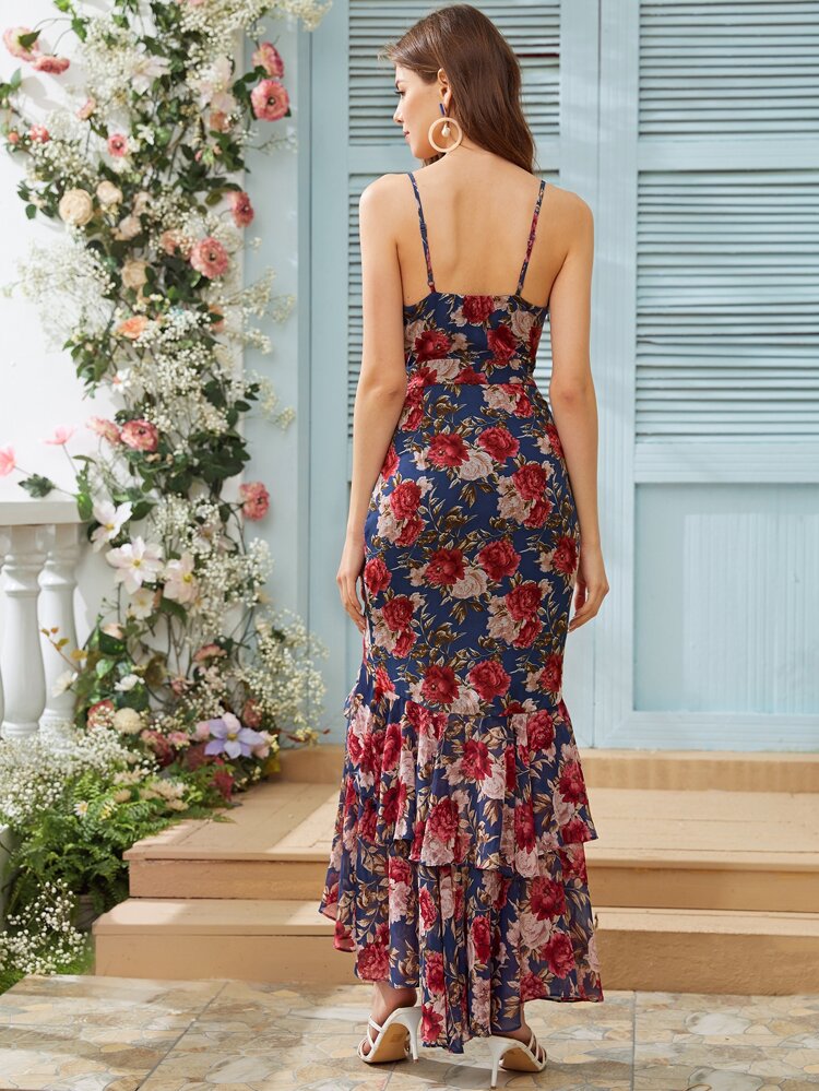 Ruffle Hem Elegant Floral Slip Cami Dress