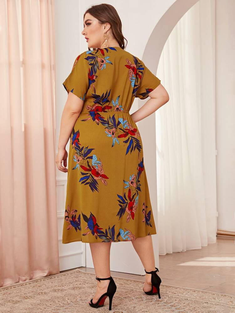 Floral Pattern Button-down Garter Plus Size Dress