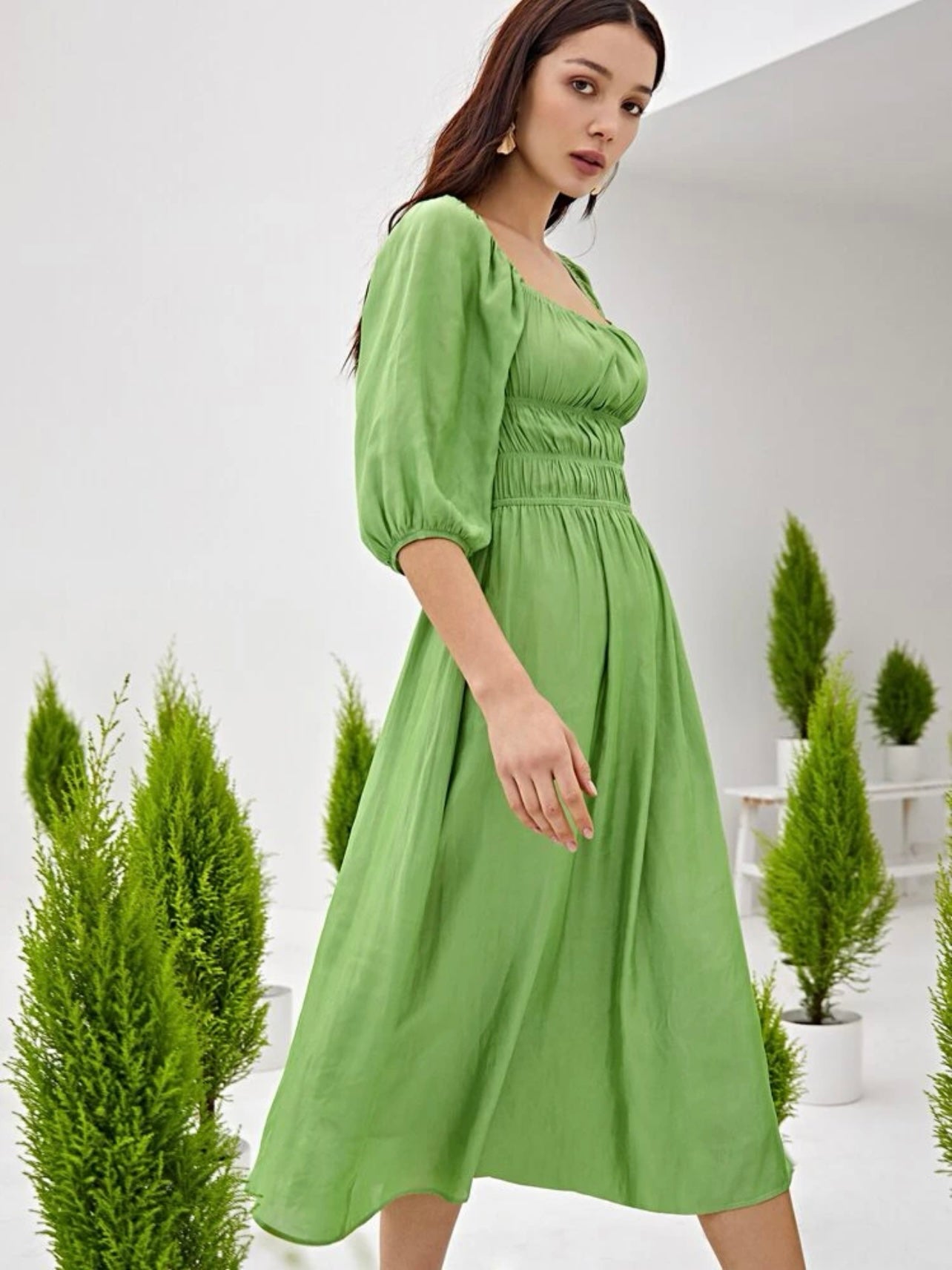 Square Neck Mid-sleeve Shirred Waist Side Split Solid Dress