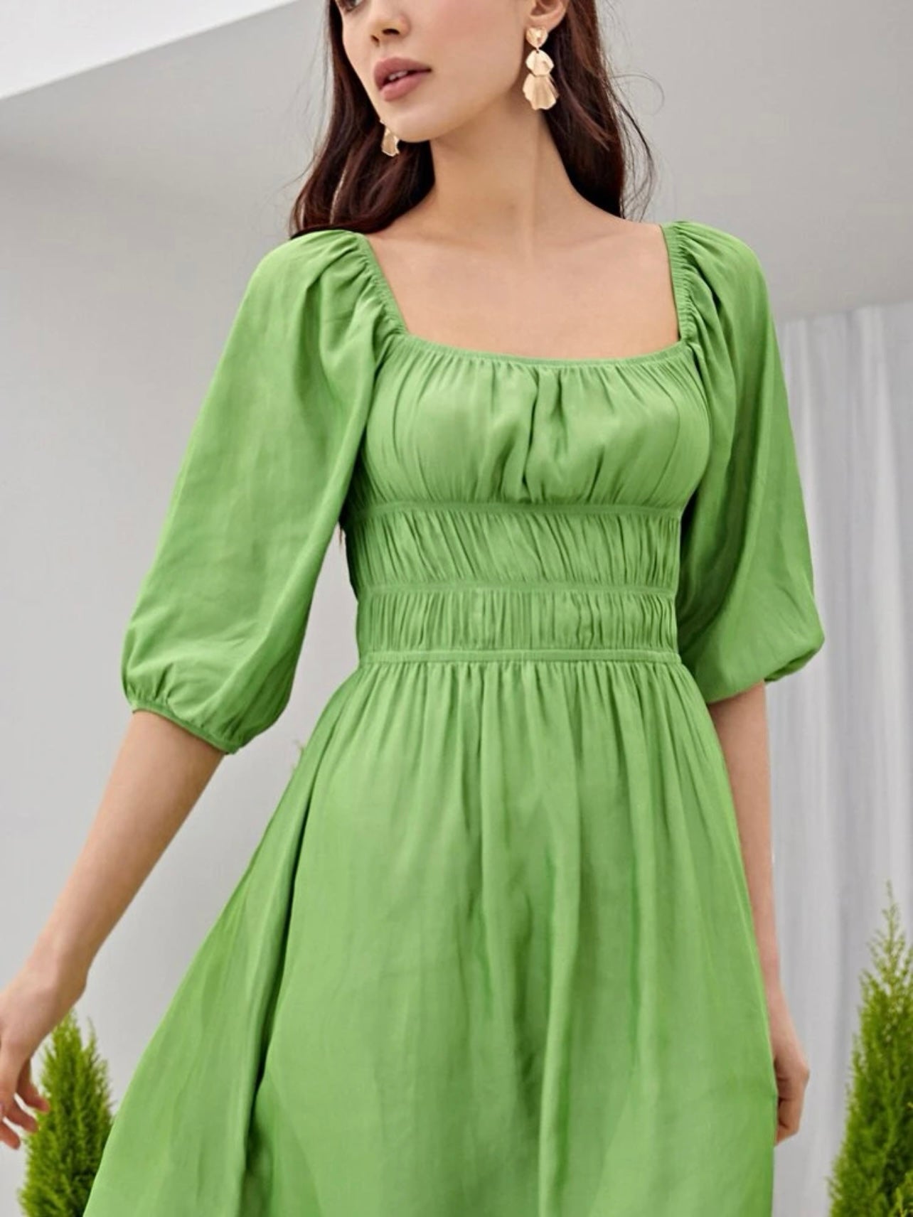 Square Neck Mid-sleeve Shirred Waist Side Split Solid Dress