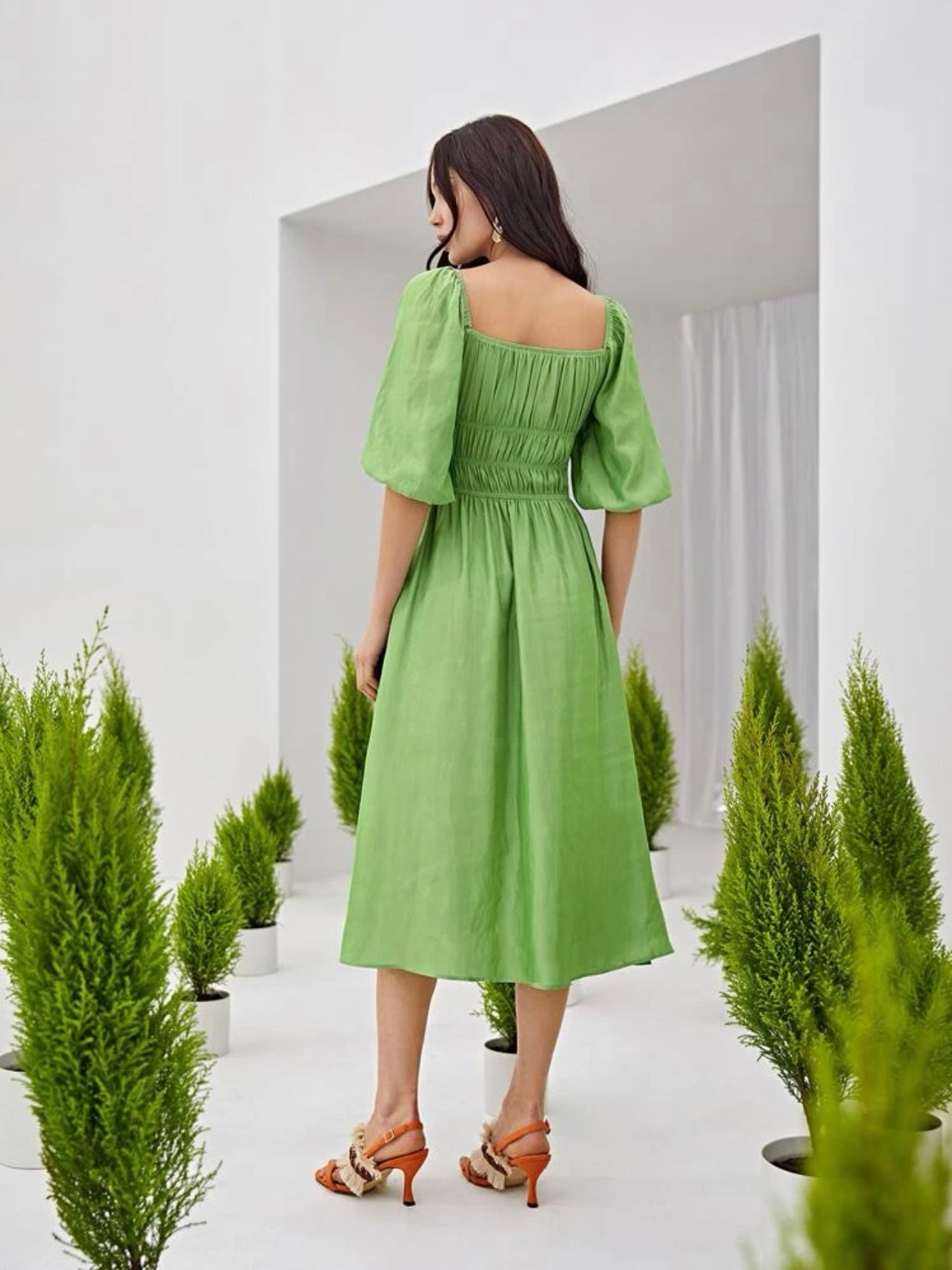 Square Neck Mid-sleeve Shirred Waist Side Split Solid Dress