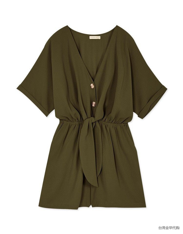 Pocketed Tie Front Button-up Romper / Jumpshort