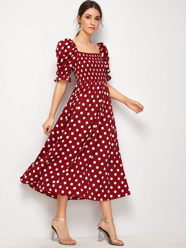 Shirred Upper Square Neck Puff Sleeve Polka Dot Smock Babydoll Dress ...