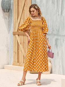 Polka Dot Mid Sleeve Shirred Upper Square Neck Babydoll Smock Dress