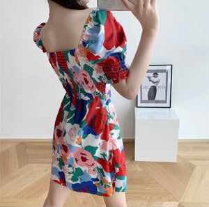 Floral Shirred Back Front Tie Babydoll Smock Dress