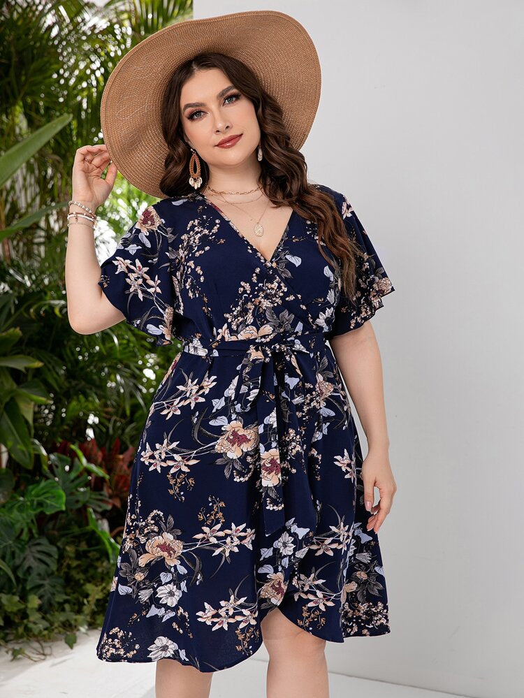 Floral Garter Waist Surplice Self Belt Plus Size Dress