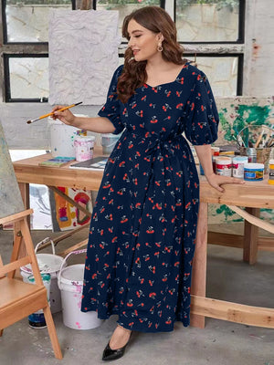 Sweetheart Neck Self Belt Puff Sleeve Cherry Plus Size Dress