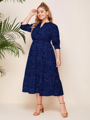 Shirred Sleeve Garter Waist Polka Dot Plus Size Dress