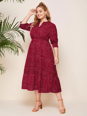 Shirred Sleeve Garter Waist Polka Dot Plus Size Dress