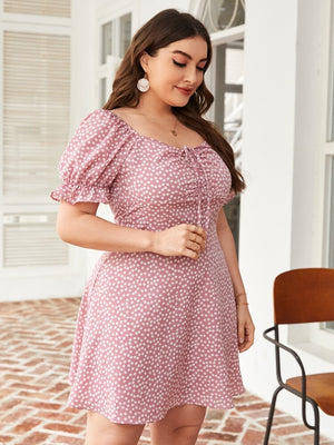 Ruched Bust Front String Elastic Sleeve Ditsy Floral Plus Size Dress