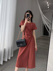 Side Split Ruched Side Solid Dress