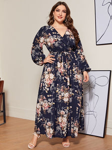 Floral Self Belt Long Sleeve Plus Size Dress