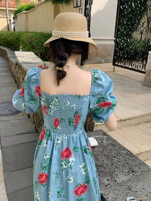 Floral Square Neck Shirred Back V-shaped Front Ruffled Detail Dress
