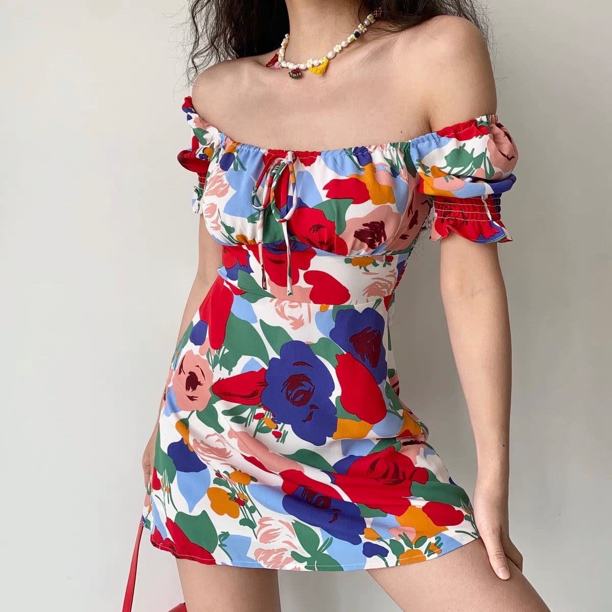 Floral Shirred Back Front Tie Babydoll Smock Dress