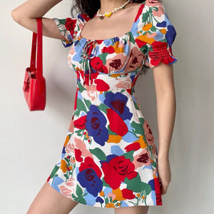 Floral Shirred Back Front Tie Babydoll Smock Dress