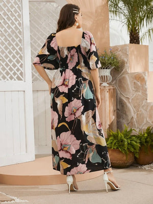 Oversize Trumpet Sleeve Shirred Bowknot Upper Side Split Floral Plus Size Dress