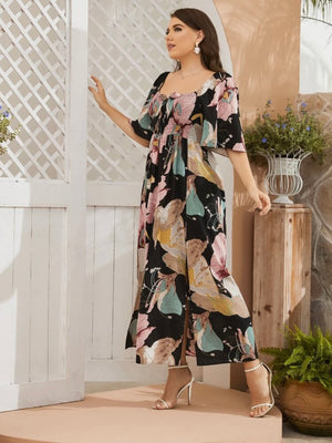 Oversize Trumpet Sleeve Shirred Bowknot Upper Side Split Floral Plus Size Dress