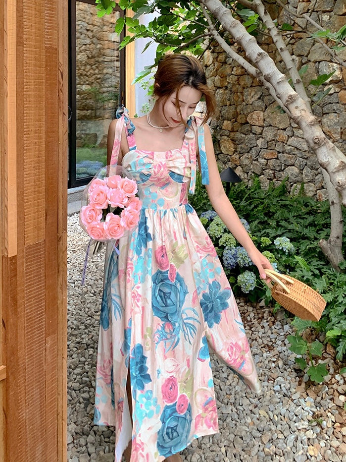 Shirred Back Bowknot Shoulder Split Front Big Floral Dress