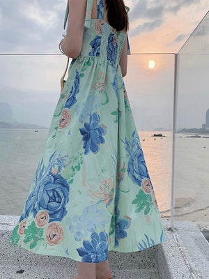 Shirred Back Bowknot Shoulder Split Front Big Floral Dress