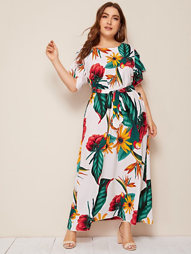 Ruffled Sleeve Self Belt Plus Size Tropical Floral Dress