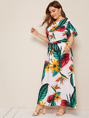 Ruffled Sleeve Self Belt Plus Size Tropical Floral Dress
