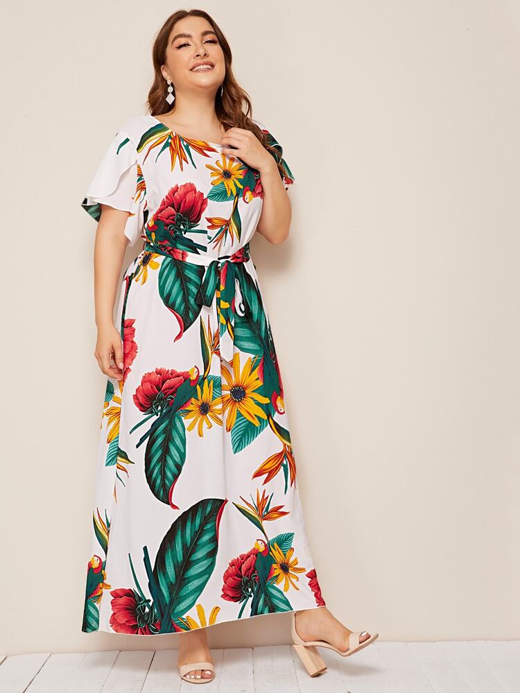 Ruffled Sleeve Self Belt Plus Size Tropical Floral Dress