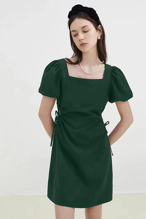 Square Neck Elastic Sleeve Side Drawstring Solid Dress