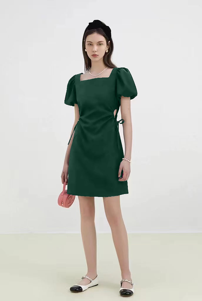 Square Neck Elastic Sleeve Side Drawstring Solid Dress