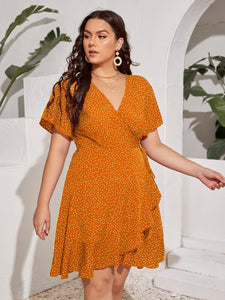 Polka Dot Surplice V-neck Ruffle Plus Size Wrap Dress