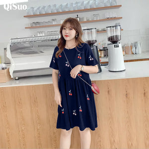 Embroidered Cherry Pleated Waist Plus Size Dress