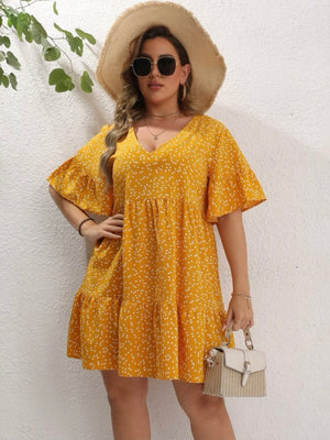 Heart Pattern V-neck Trumpet Sleeve Flounce Hem Plus Size Babydoll Dress