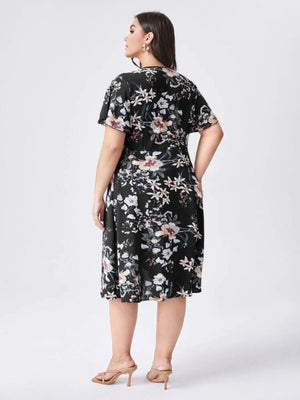 Floral Garter Waist Surplice Self Belt Plus Size Dress